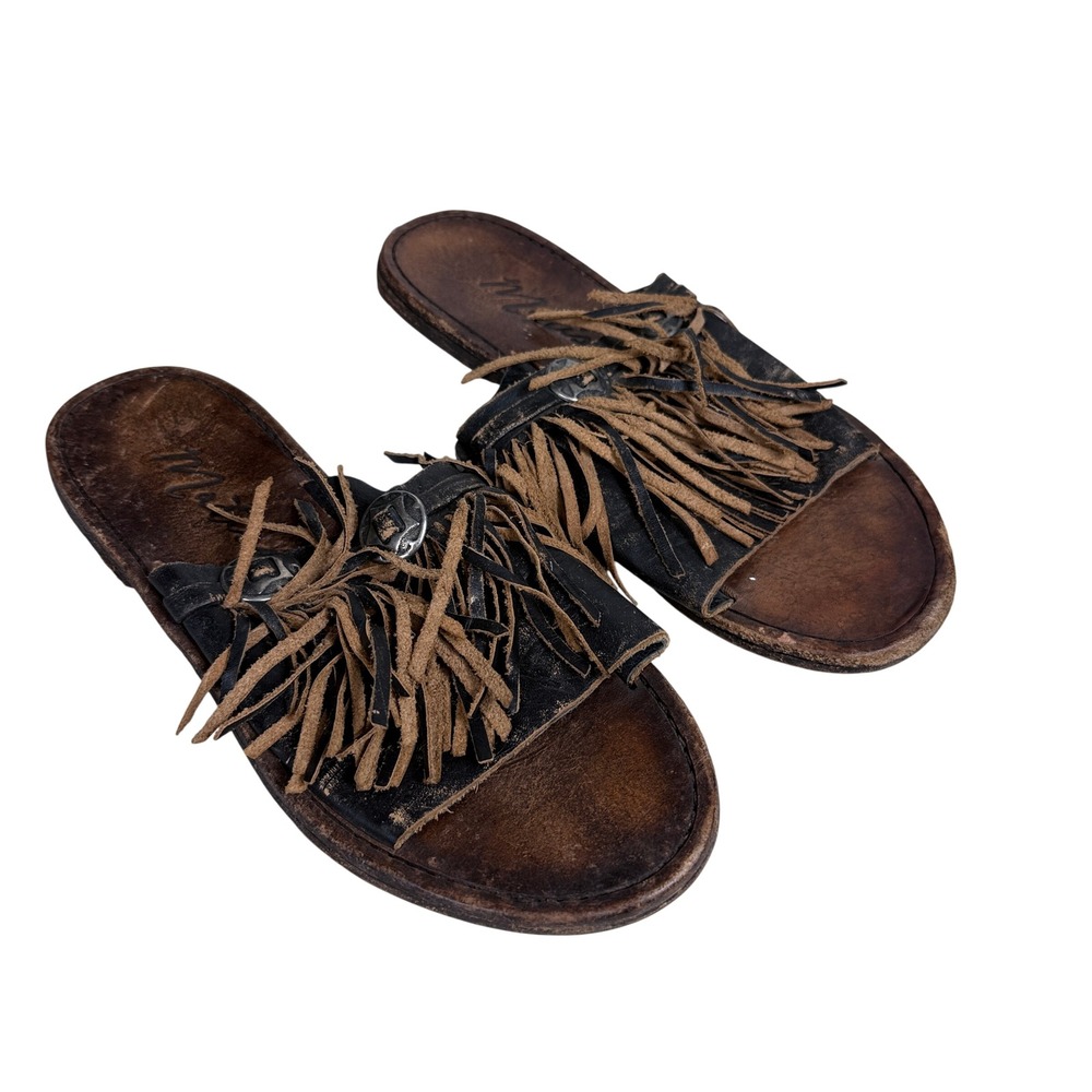 Matisse Slide Sandals Womens 9 Brown Black Leather Fringe Concho Western Boho